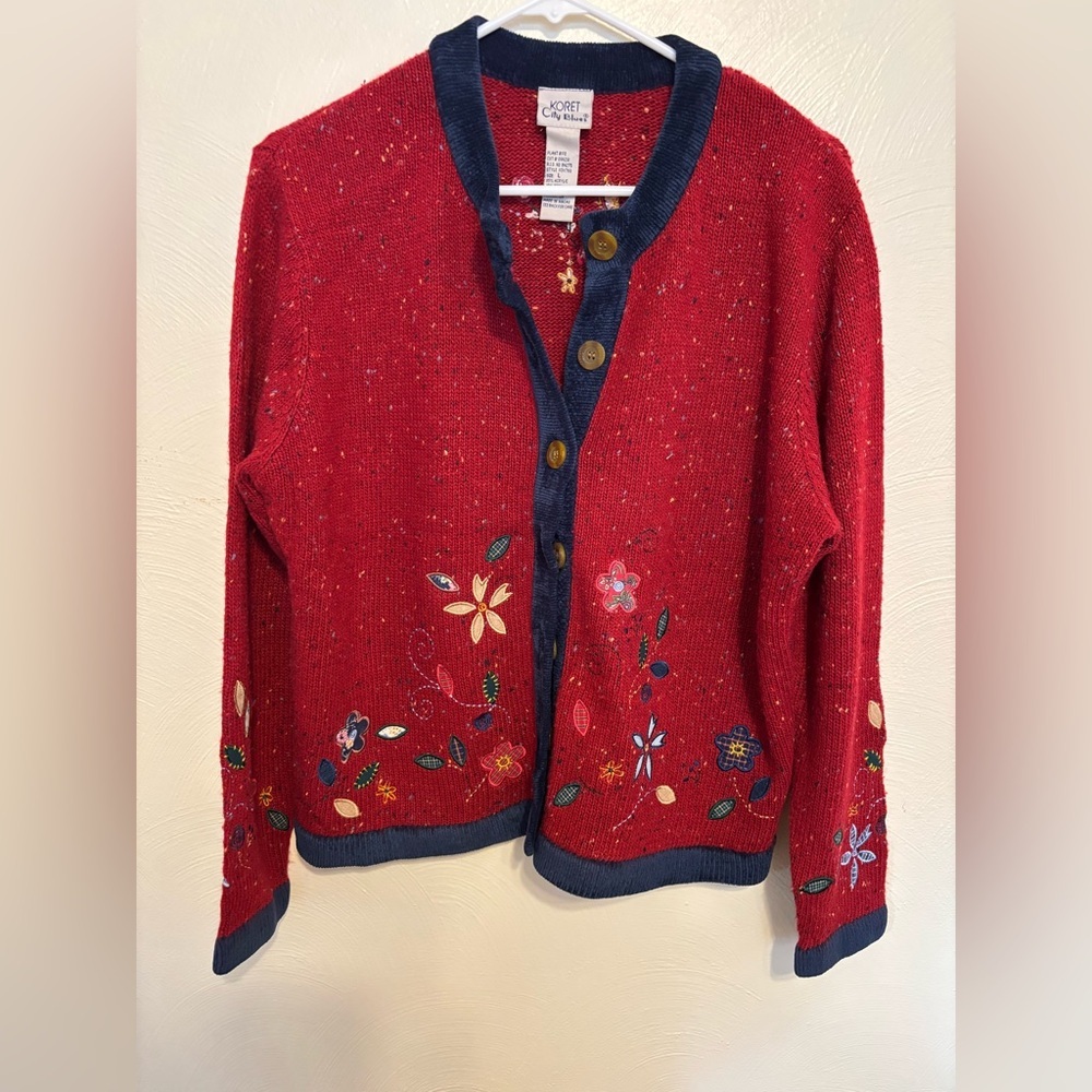 Vintage Koret City Blues Embroidered Red Cardigan Size Large